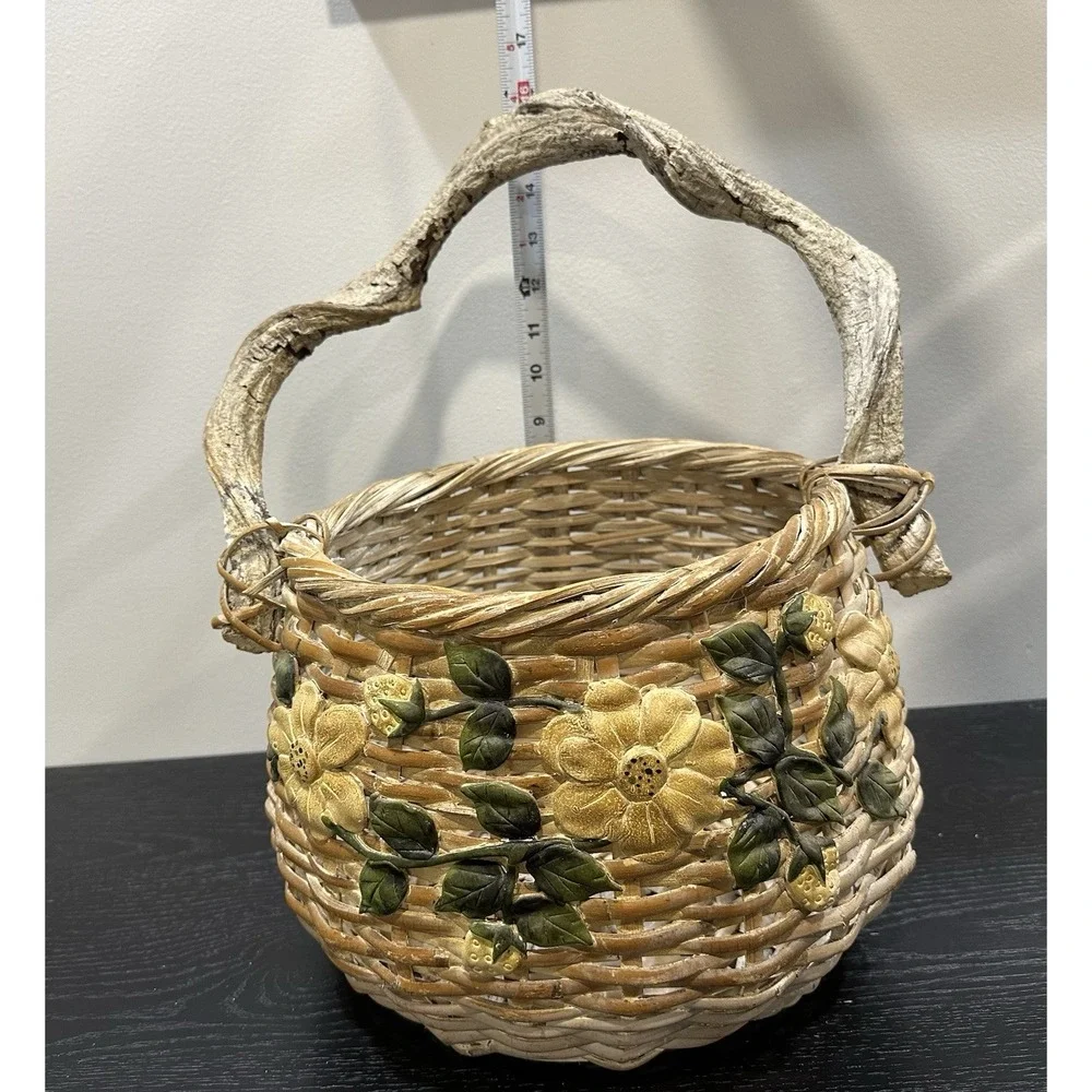 Vintage Wicker Basket Twig Handle 3D Yellow Flower Boho Cottagecore Gathering